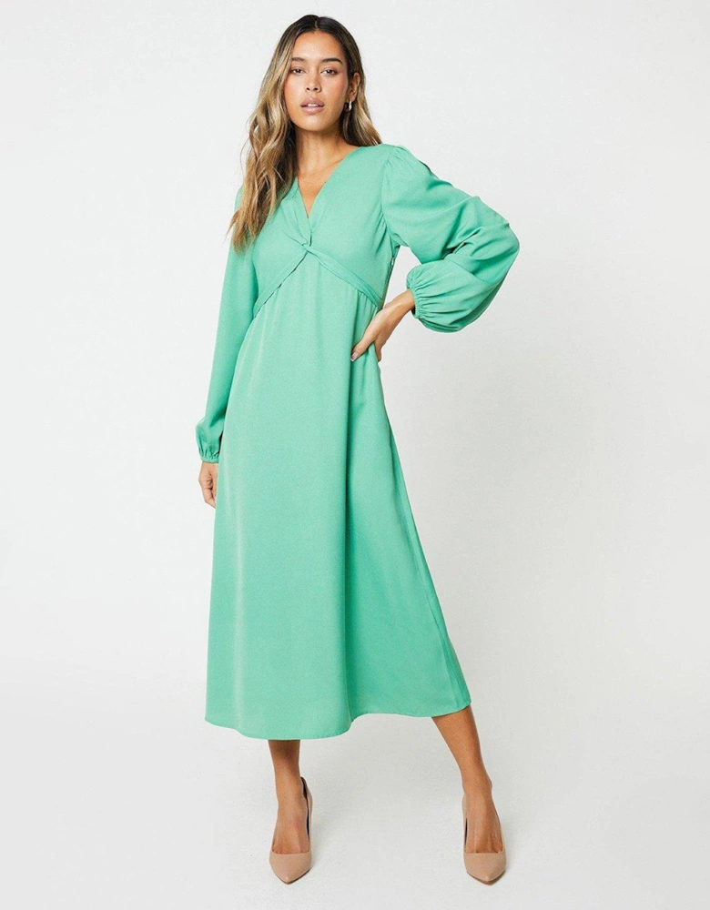 Twist Front Long Sleeve Midi Dress - Green
