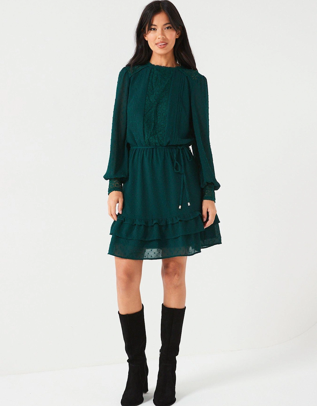Lace Insert Dobby Mini Dress - Green, 7 of 6