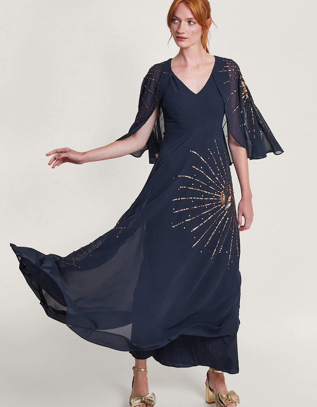 Ella Embroidered Cape Dress - Navy, 2 of 1
