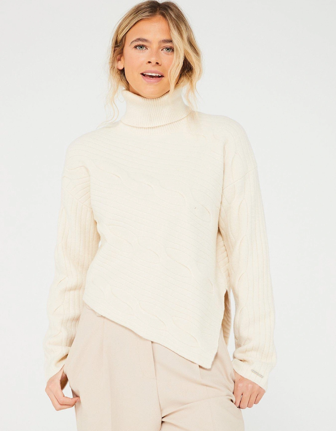 Asymmetric Wool Blend Cable Knit Jumper - Cream, 6 of 5