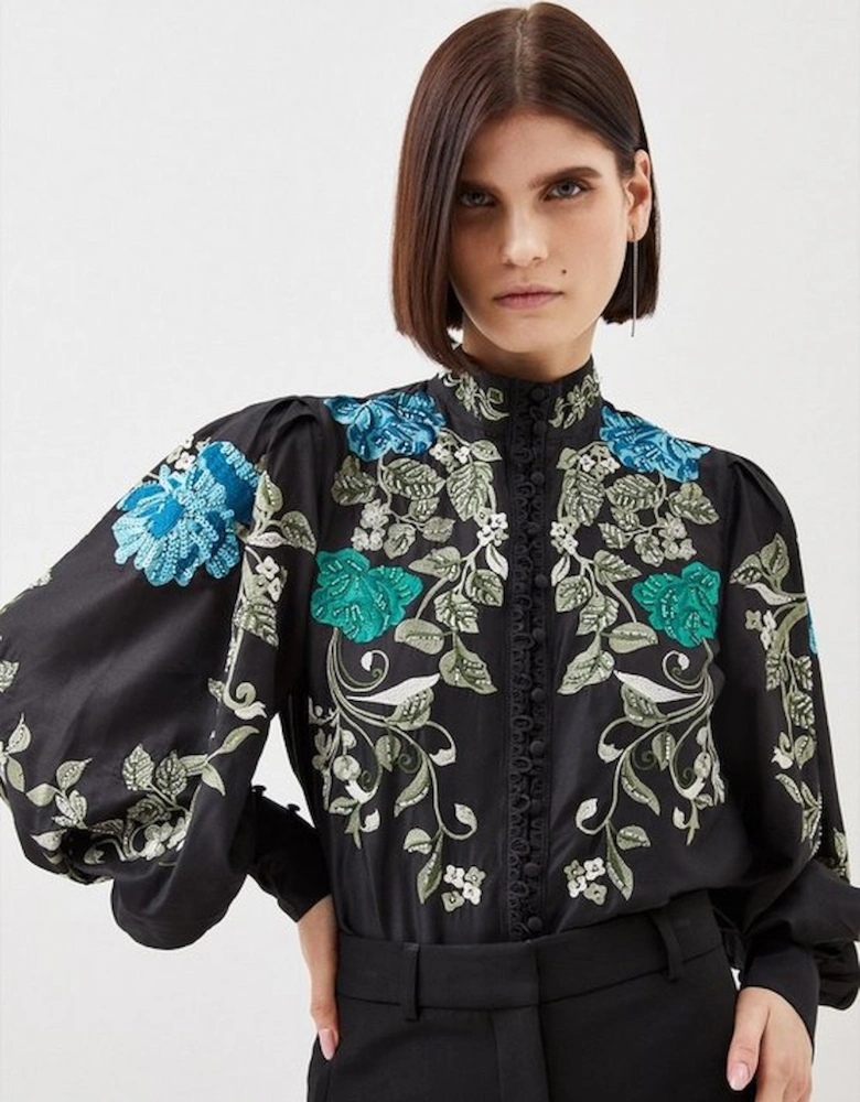 Floral Embrodiered and Beaded Button Detail Woven Top