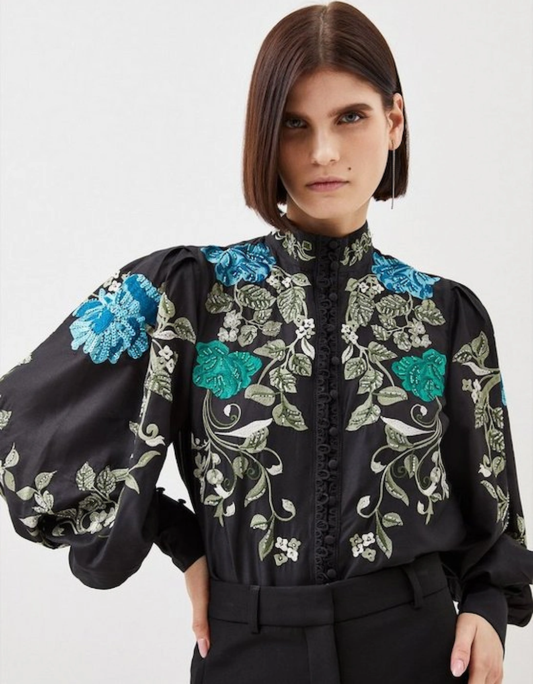 Floral Embroidered and Beaded Button Detail Woven Top, 5 of 4