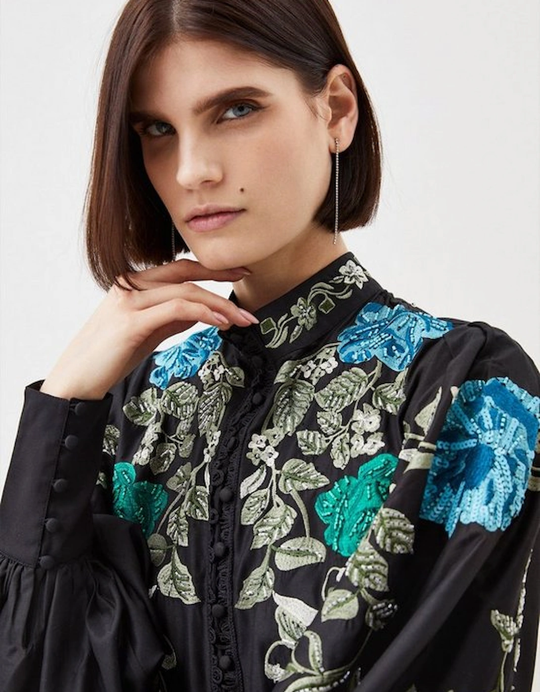 Floral Embrodiered and Beaded Button Detail Woven Top