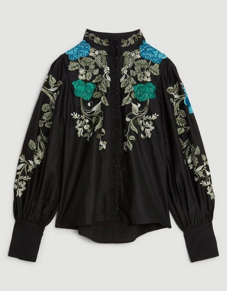 Floral Embroidered and Beaded Button Detail Woven Top