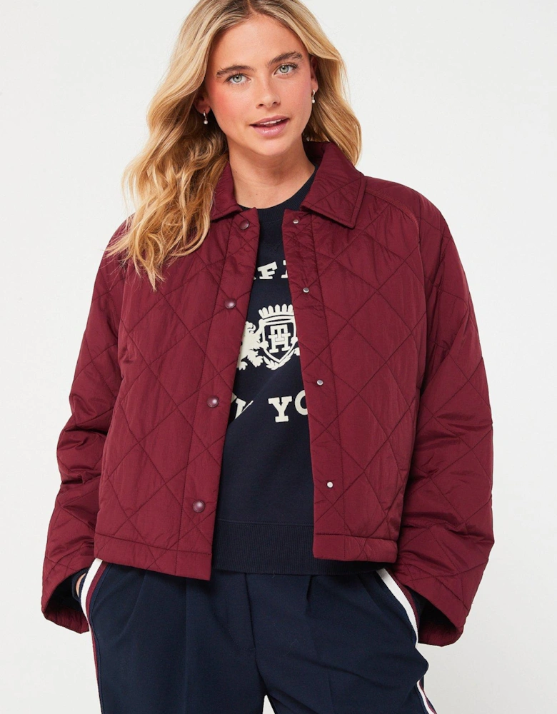 Diamond Quilted Lightweight Collared Short Jacket - Red