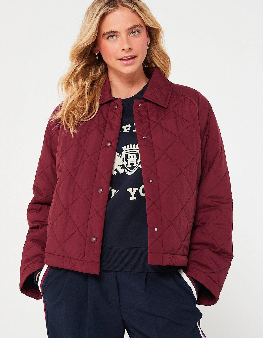 Diamond Quilted Lightweight Collared Short Jacket - Red, 3 of 2
