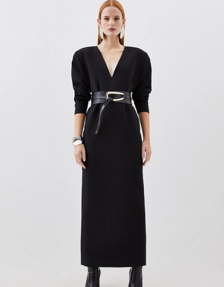 Compact Stretch Tailored Ruched Sleeve Maxi Dress