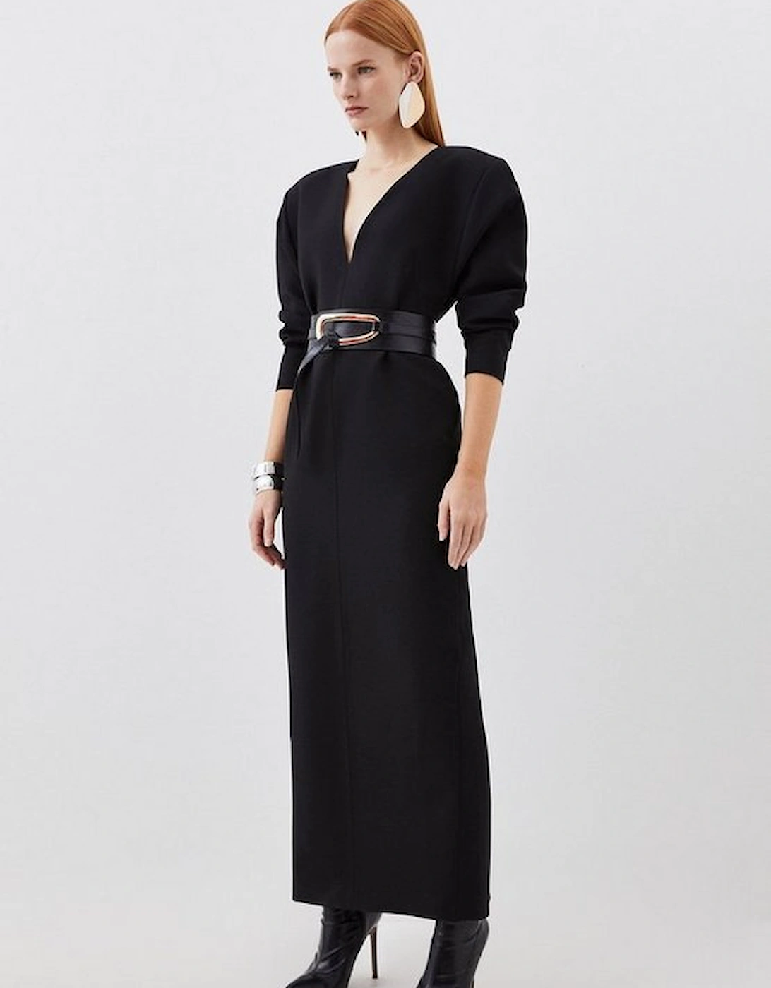 Compact Stretch Tailored Ruched Sleeve Maxi Dress