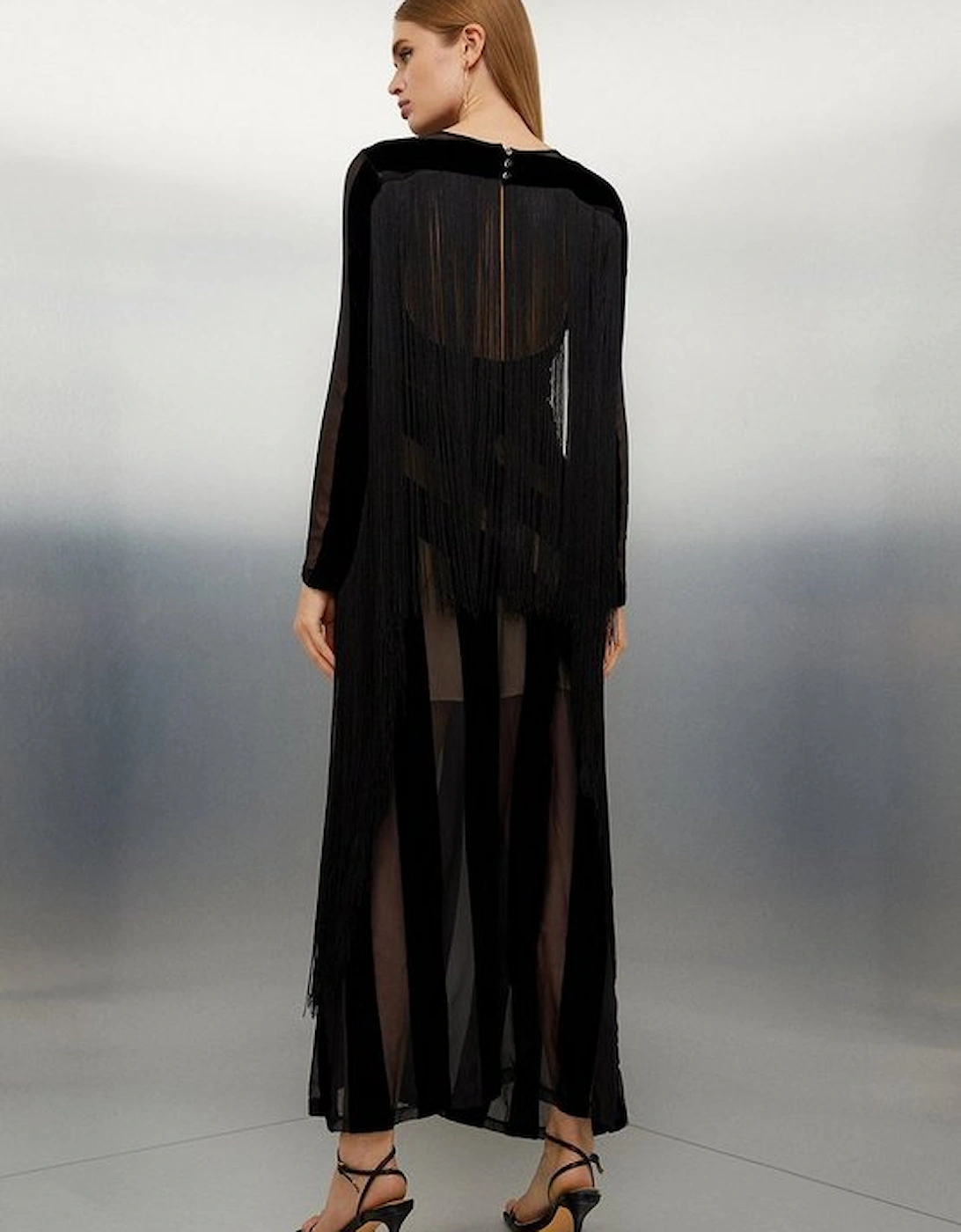 Tall Fringed Velvet Devore Woven Maxi Dress