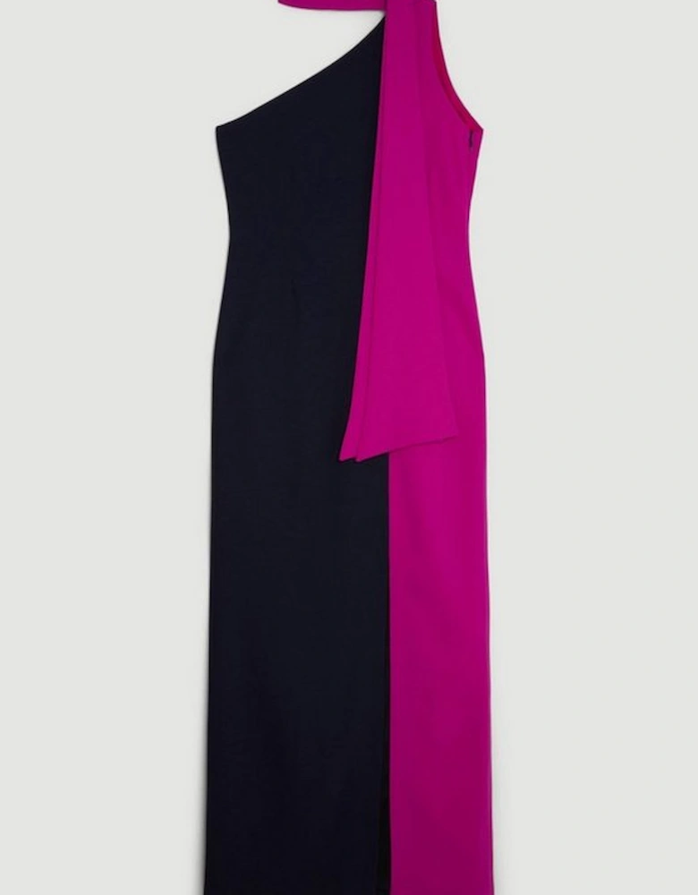 Soft Tailored Colour Block Tie Neck Midi Dress