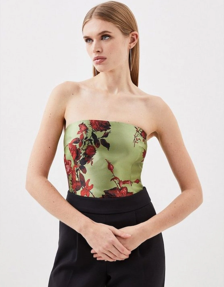 Floral Jacquard Panelled Woven Shirred Top