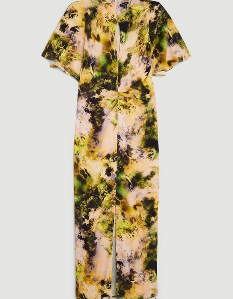 Abstract Print Viscose Satin Batwing Midi Dress