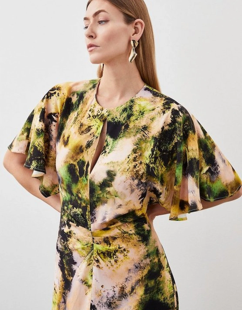 Abstract Print Viscose Satin Batwing Midi Dress