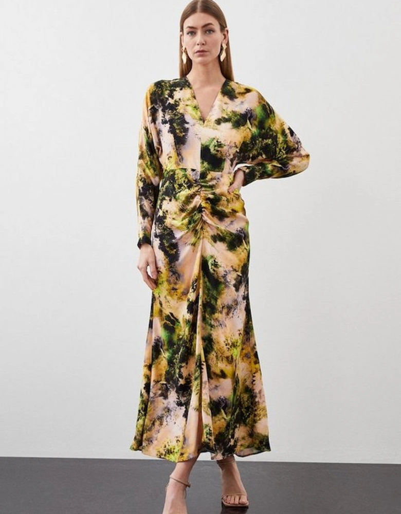 Abstract Print Viscose Satin Batwing Long Sleeve Midi Dress