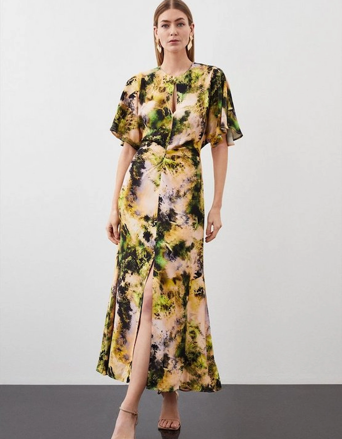 Petite Abstract Print Viscose Satin Batwing Midi Dress, 5 of 4