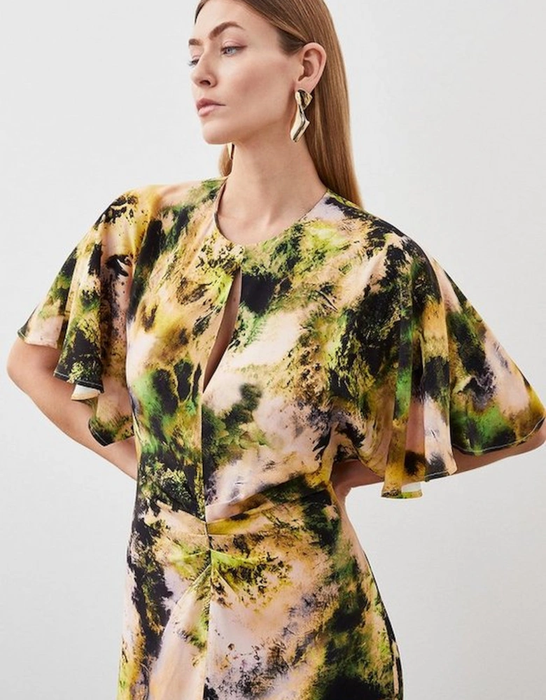 Petite Abstract Print Viscose Satin Batwing Midi Dress