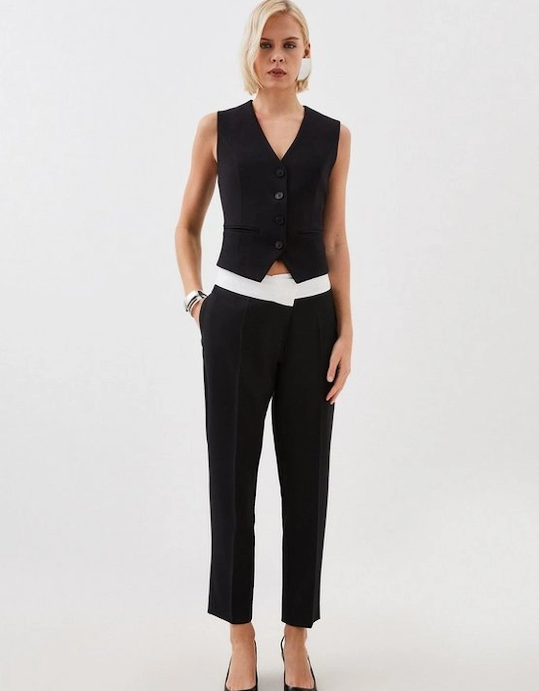 Tailored Compact Stretch Asymmetric Waistband Detail Trousers, 5 of 4