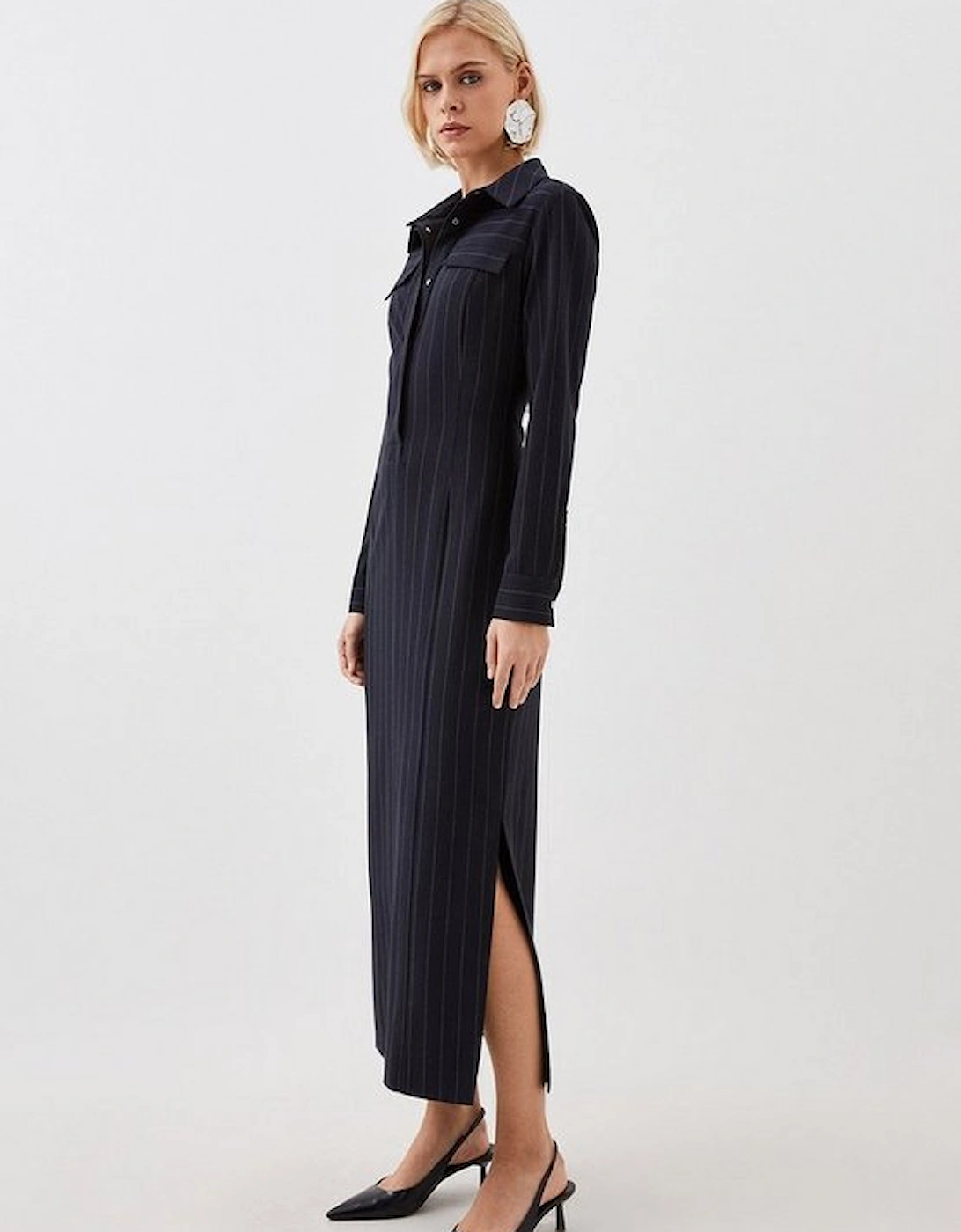 Pinstripe Stretch Crepe Tailored Midi Shirt Dress