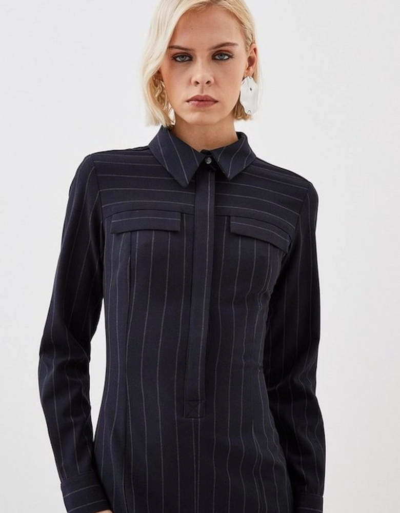 Pinstripe Stretch Crepe Tailored Midi Shirt Dress