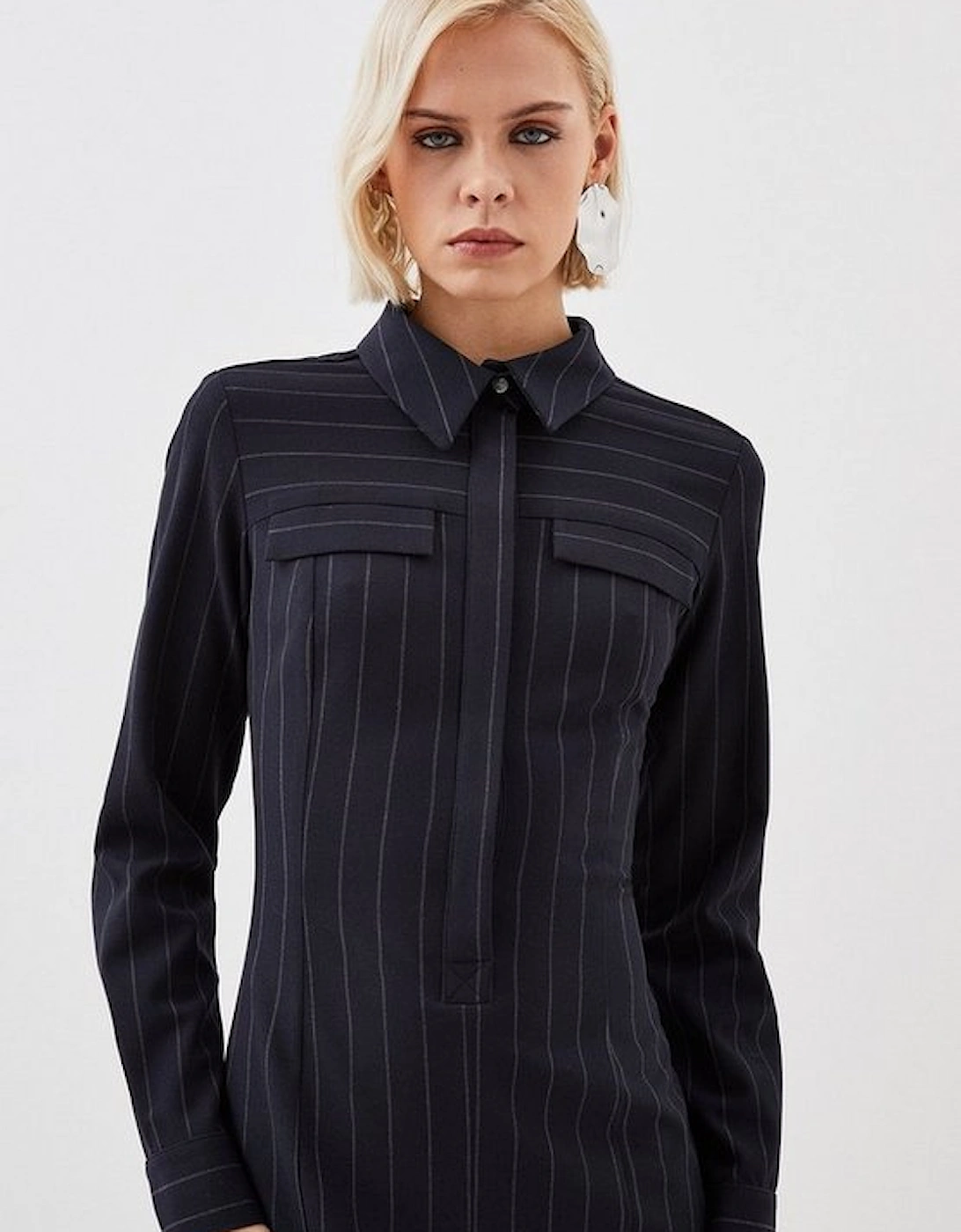 Pinstripe Stretch Crepetailored Midi Shirt Dress