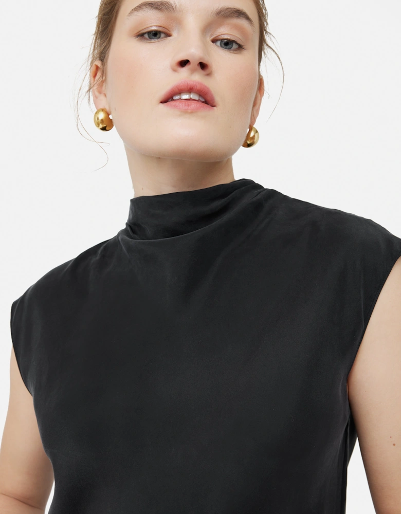 Silk Habotai Cowl Neck Top | Black