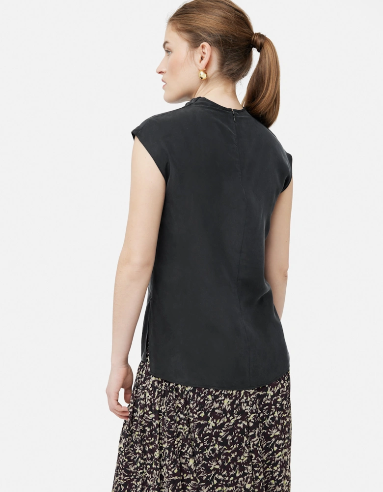 Silk Habotai Cowl Neck Top | Black