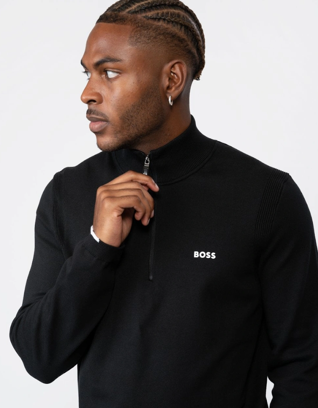 BOSS Green Ever-X Mens Cotton Blend Zip-Neck Sweater with Logo Print