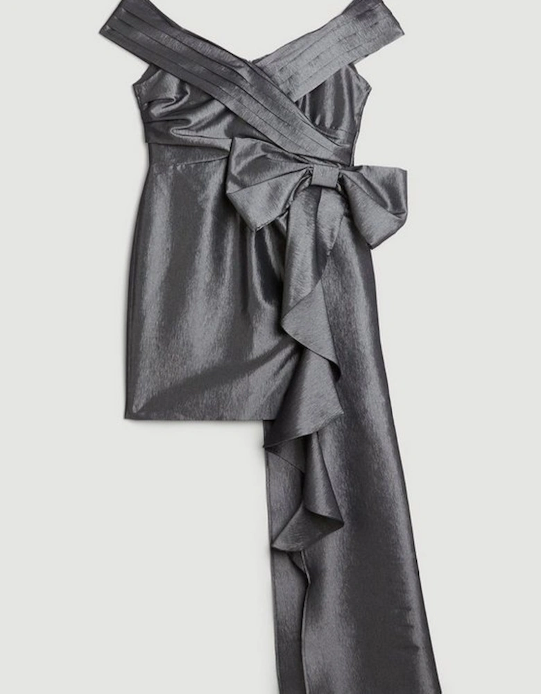 Tailored Off Shoulder Metallic Bow Drape Detail Mini Dress