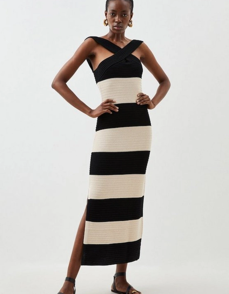 Viscose Blend Striped Cross Front Knit Midi Dress