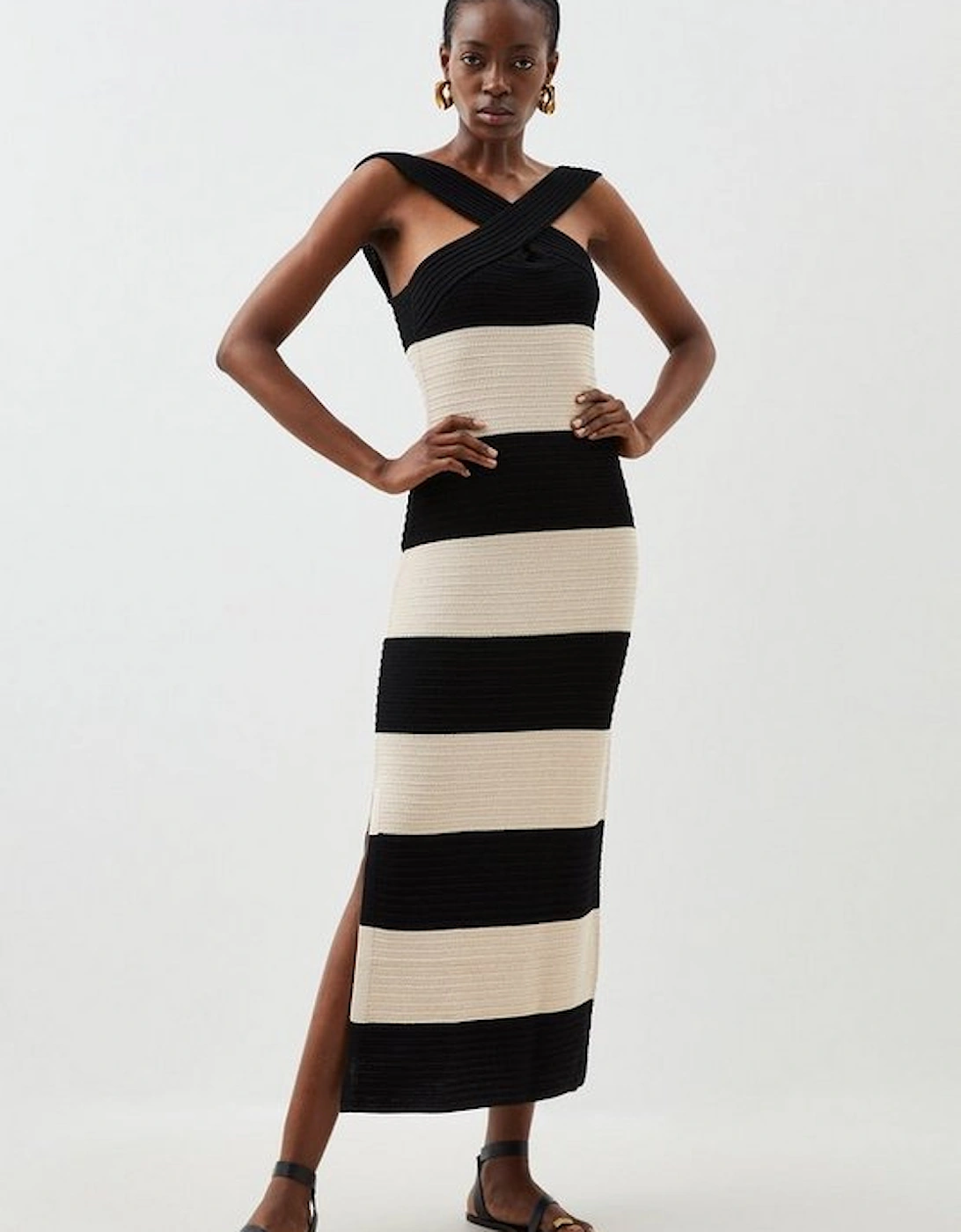 Viscose Blend Striped Cross Front Knit Midi Dress, 5 of 4