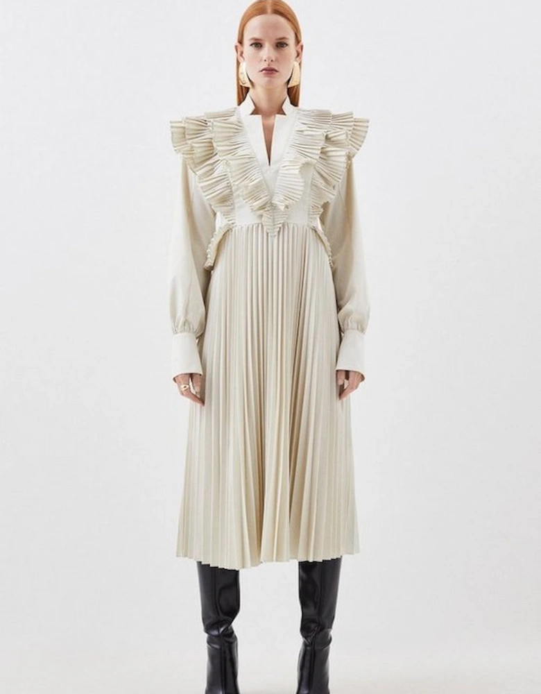 Cotton Pleated Detail Woven Midi Dress