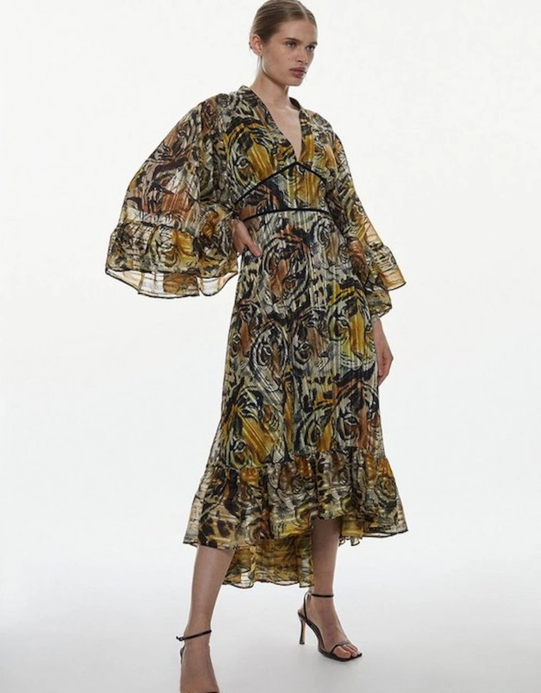 Petite Tiger Printed Drama Kimono Woven Mini Dress