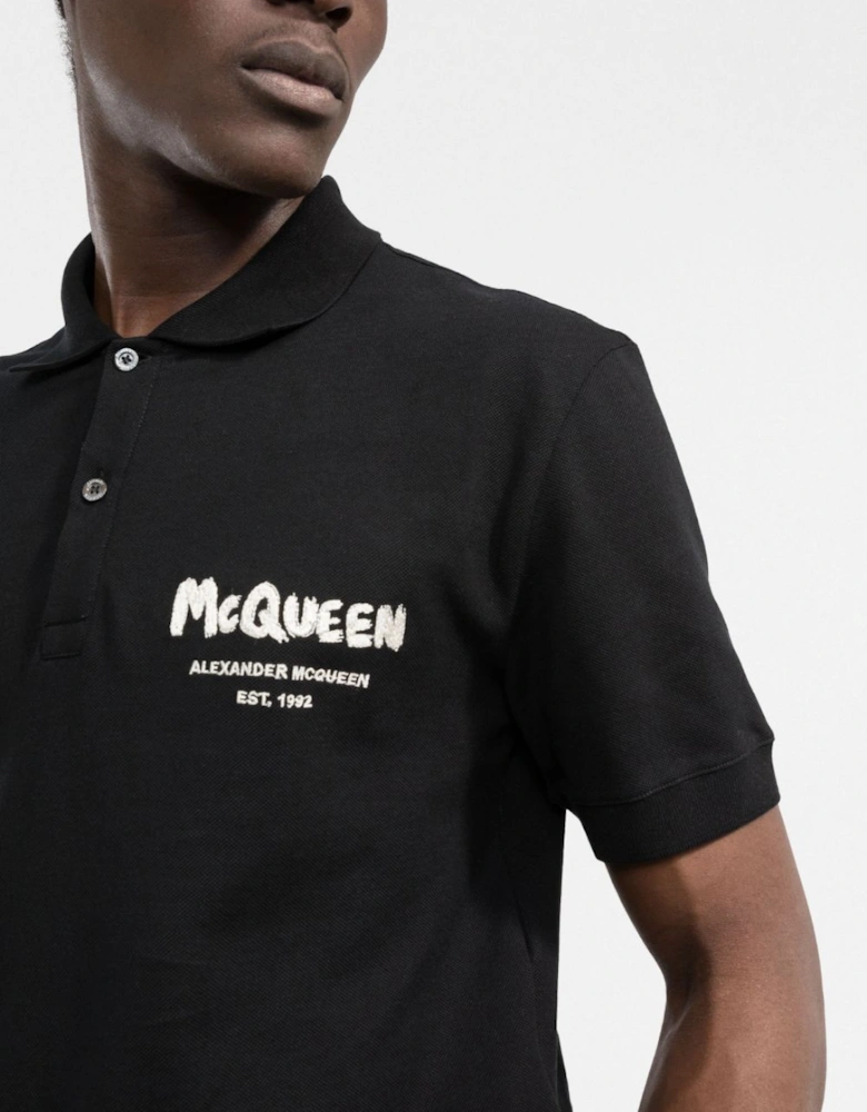 Graffiti Embroidered Logo Polo Shirt in Black