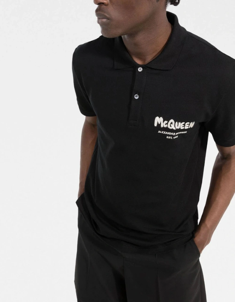 Graffiti Embroidered Logo Polo Shirt in Black