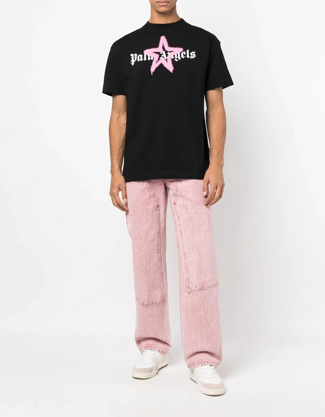 Pink Star Sprayed Logo-print T-shirt Black