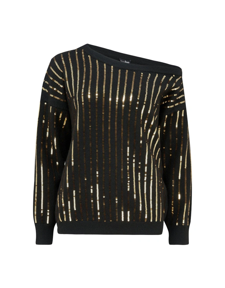 Sequin Off Shoulder Knit Jumper - Black/Multi