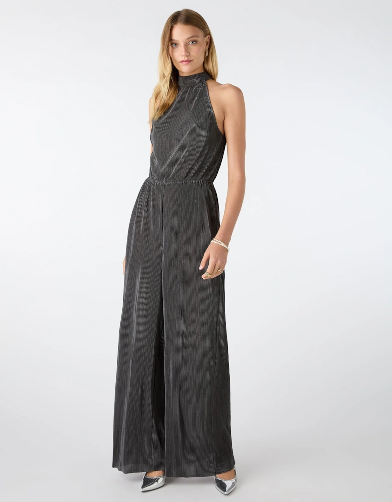 Hallie Halter Plisse Jumpsuit in Ash