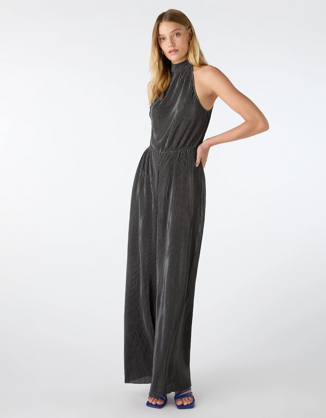 Hallie Halter Plisse Jumpsuit in Ash