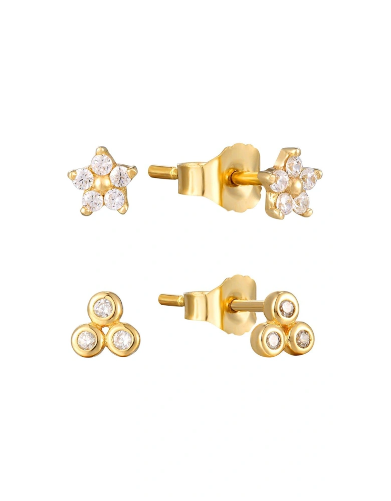 9ct Gold Set of Two Flower and Trio Stud Stacking Earrings