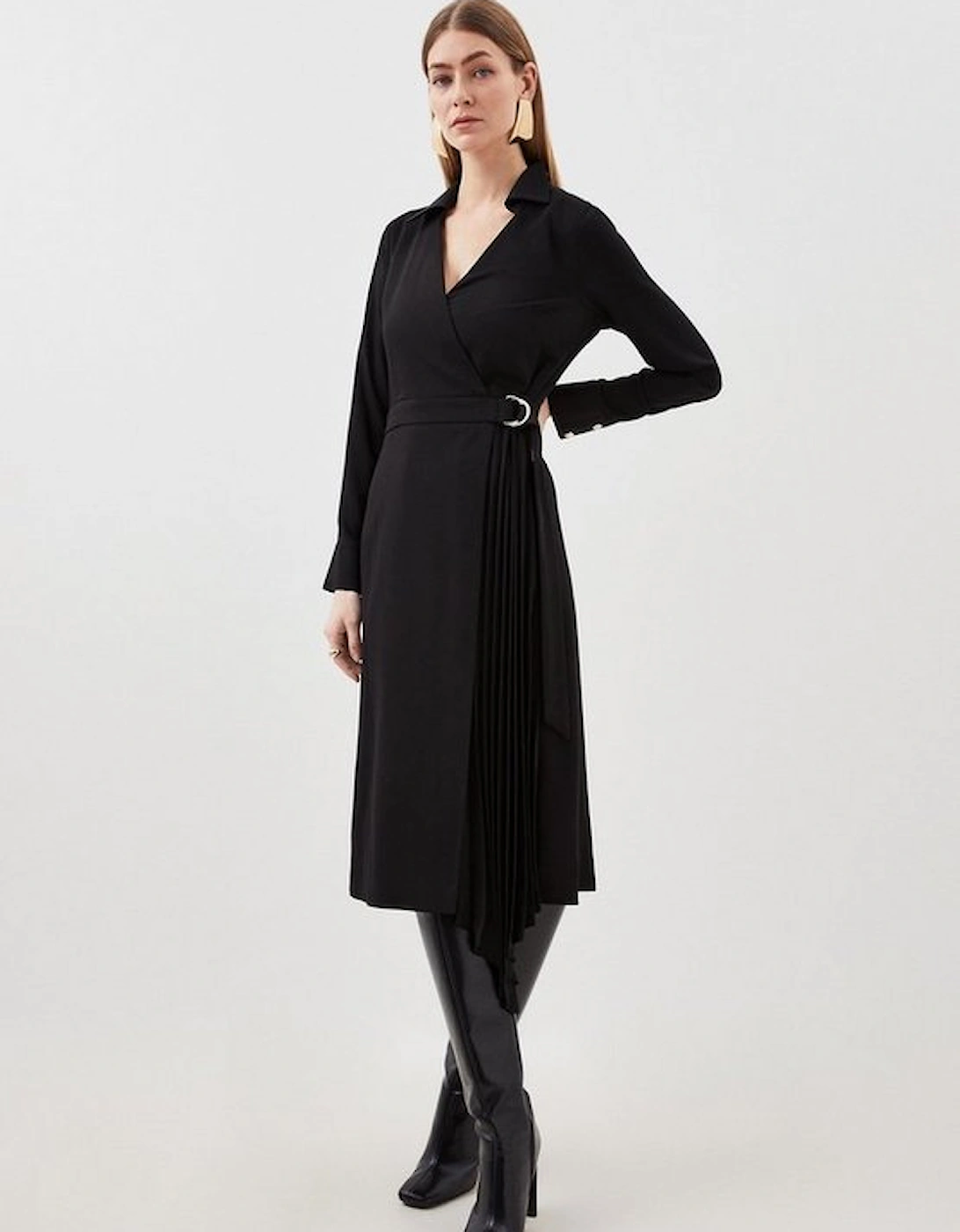 Soft Tailored Pleat Detail Belted Shirt Dress