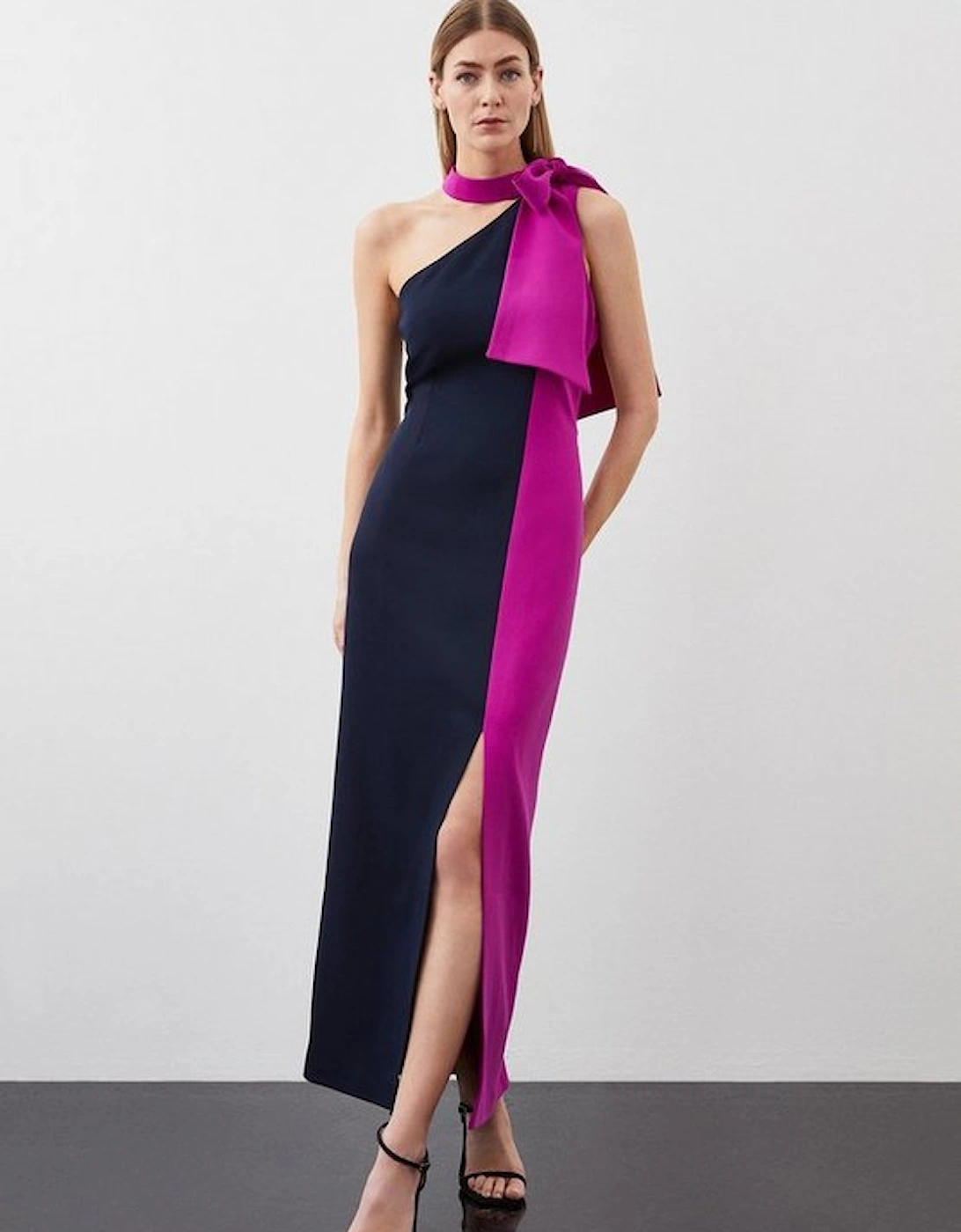 Petite Soft Tailored Colour Block Tie Neck Midi Dress, 5 of 4