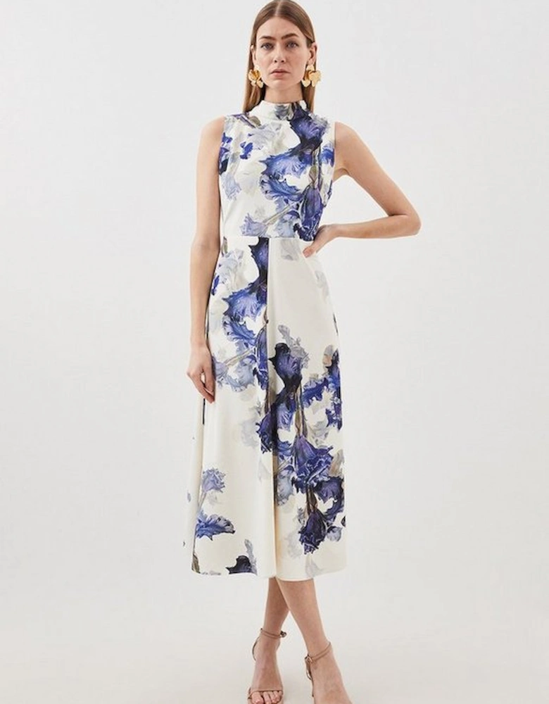 Tailored Crepe Floral Print Tie Neck Midi Dress