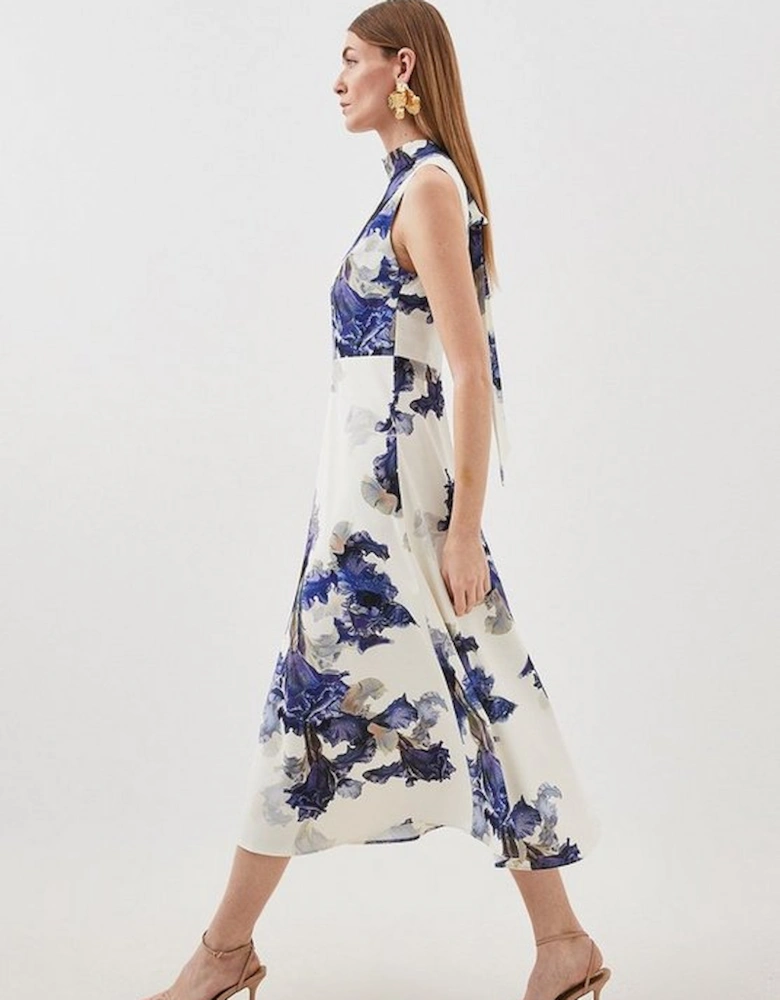 Tailored Crepe Floral Print Tie Neck Midi Dress