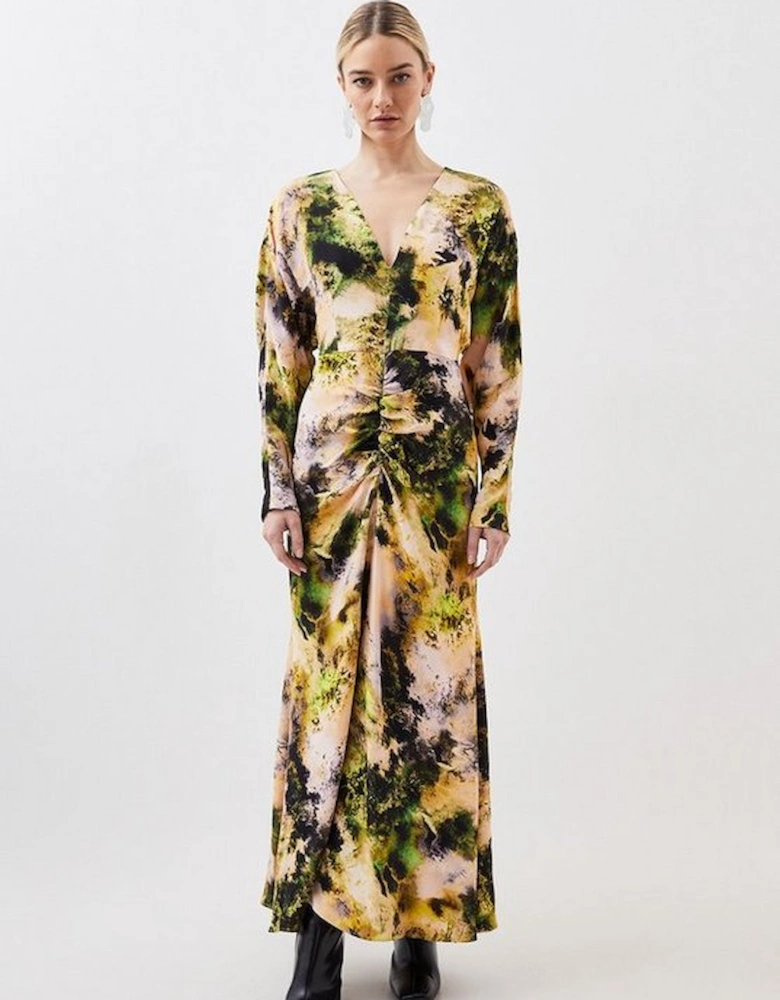 Petite Abstract Print Viscose Satin Batwing Long Sleeve Midi