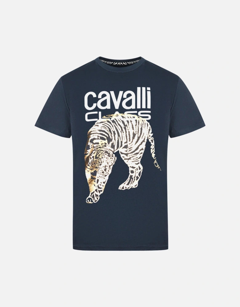 Cavalli Class Large Gold Tiger Stencil Logo Navy T-Shirt