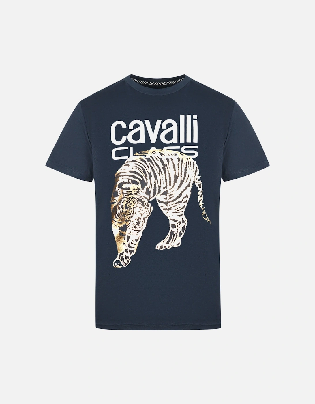 Cavalli Class Large Gold Tiger Stencil Logo Navy T-Shirt, 3 of 2