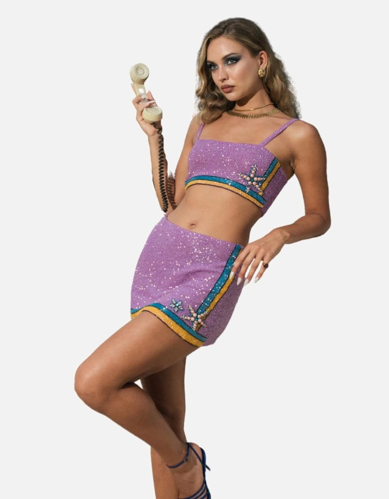Monni Co-ord Hand Embroidered Crystal Purple Top