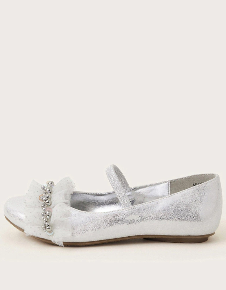 Girls Low Cluster Beaded Ballerina Shoes - Silver