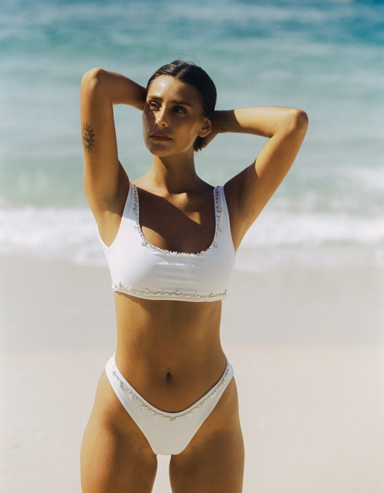 Aaliyah Hand Embroidered White Bikini Bottom