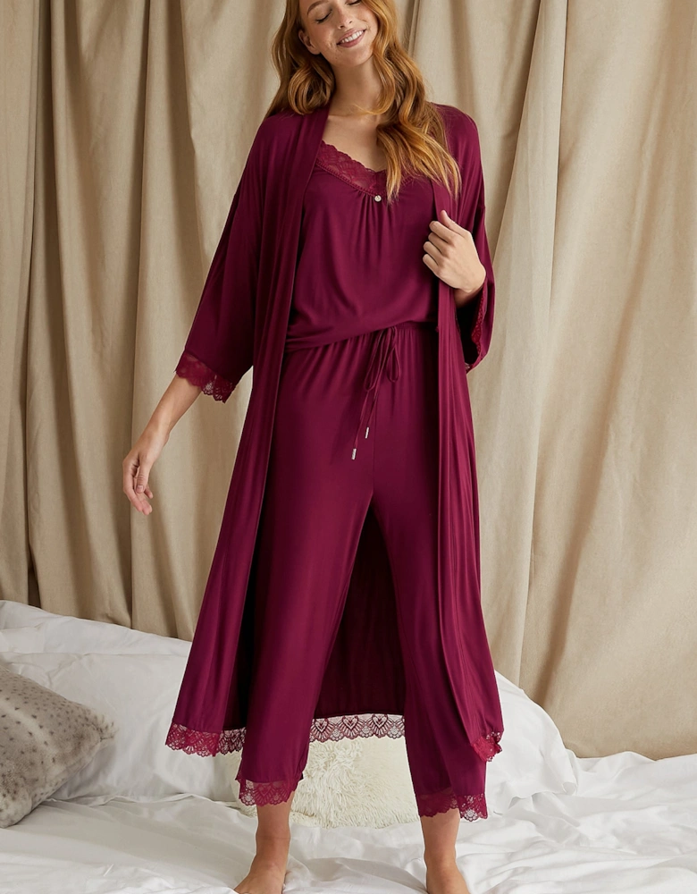 Bamboo Lace Cami Cropped Trouser Pyjama Set in Bordeaux